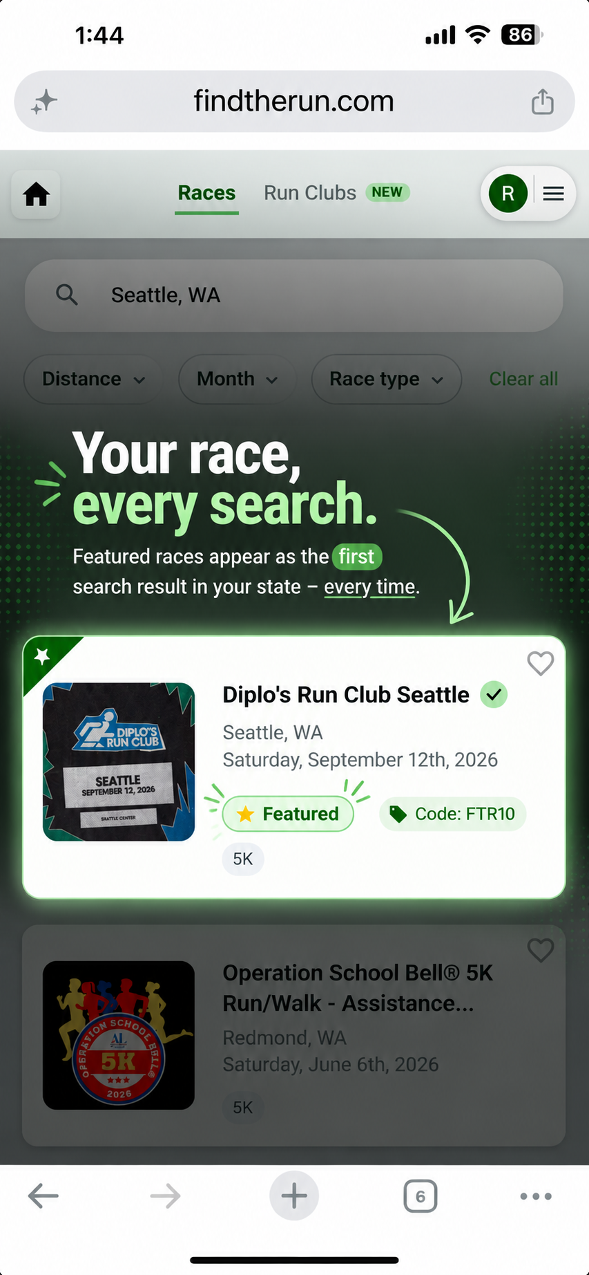 A featured race shown as the first search result in its state on Find The Run