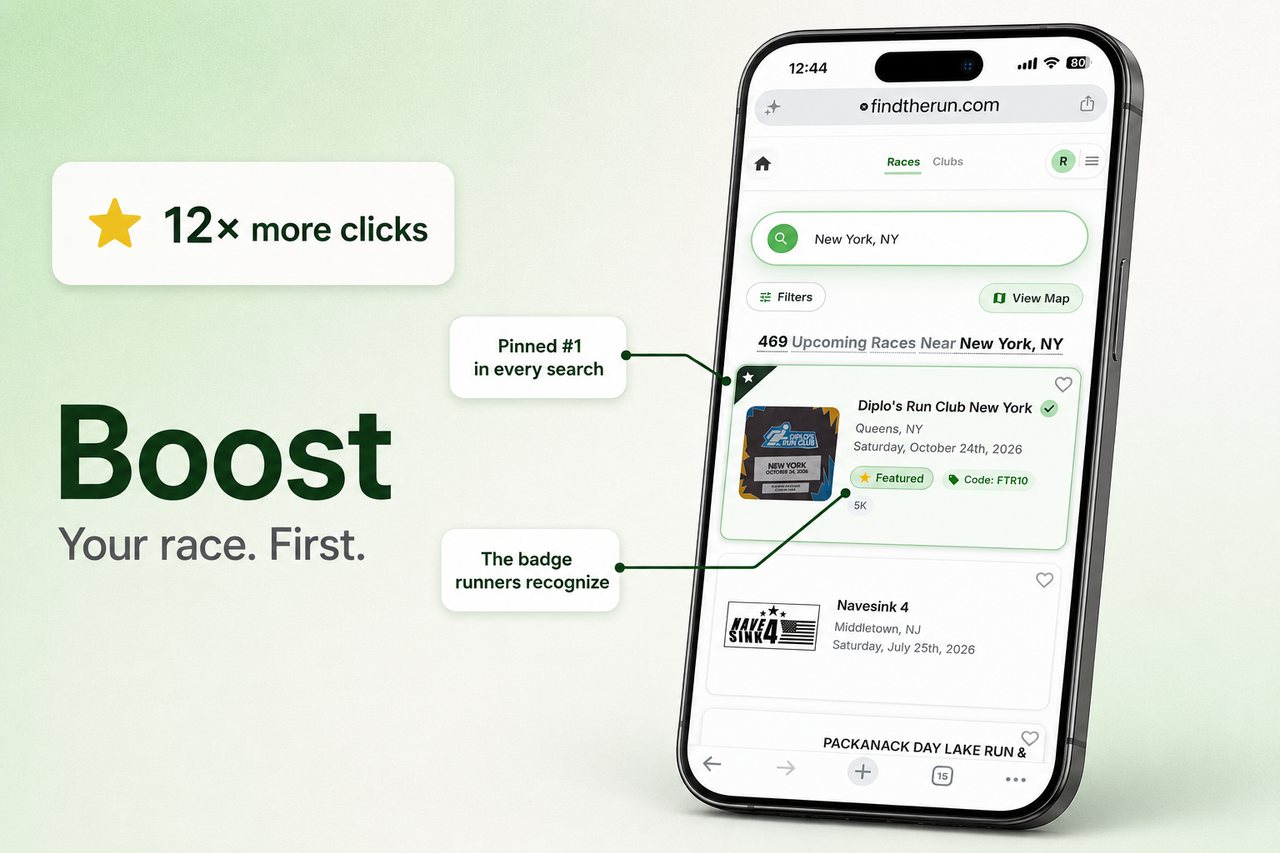 A boosted race pinned first in search results with the Featured badge